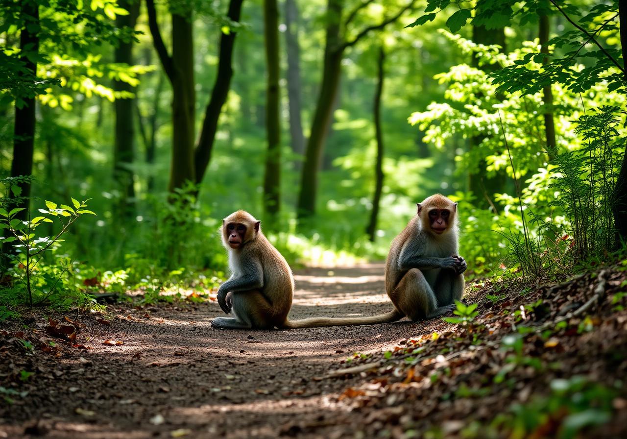 Barbary macaques on a forest path at Affenberg Salem
