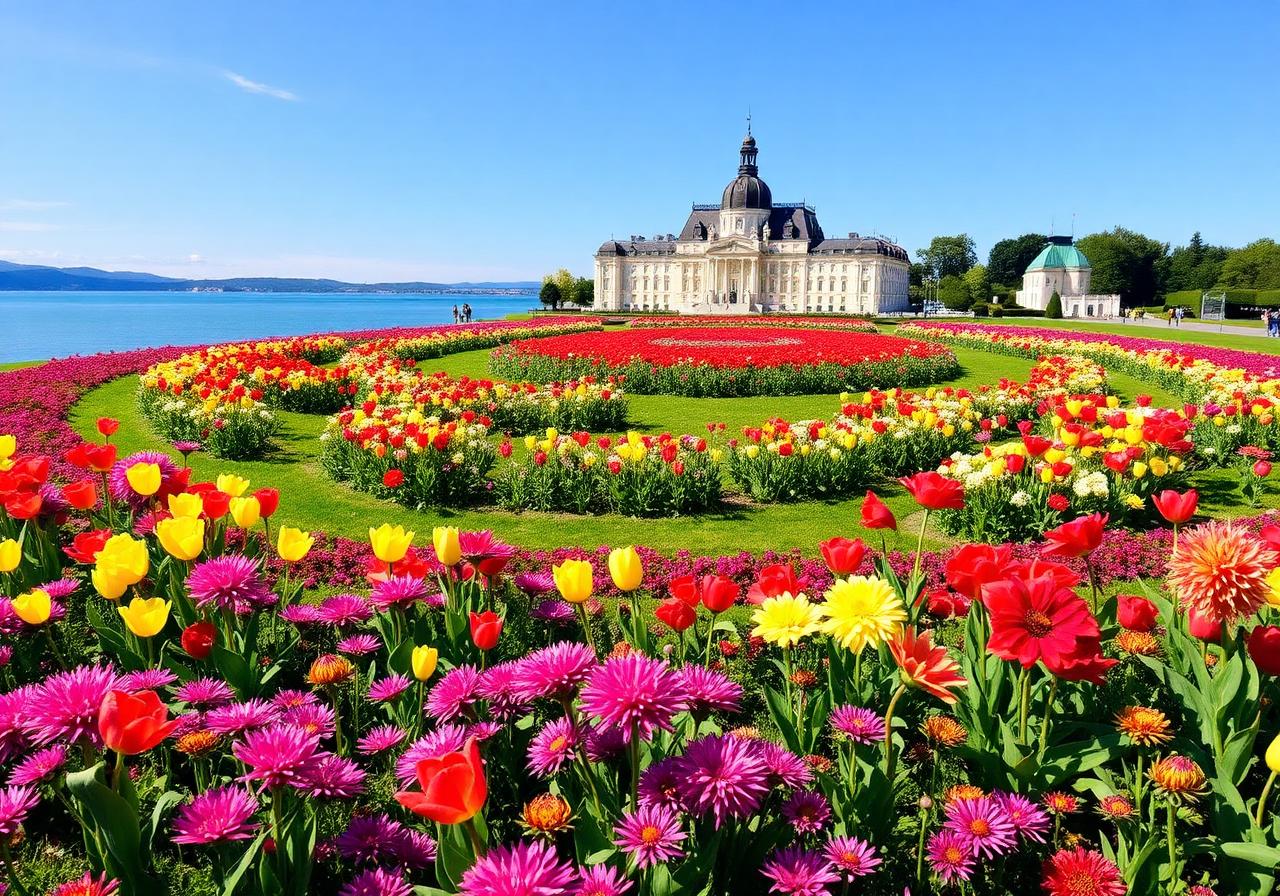 Colourful flower beds on Insel Mainau with the baroque palace and the Bodensee behind